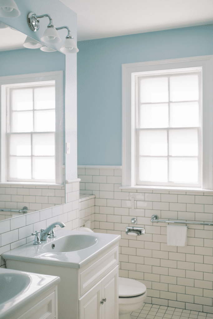 17 Bathroom Paint Colors Ideas That Make Any Bathroom Look Better 0008 1 airy bathroom with soft sky blue walls w 31j3c0pgv1qv26tiynq tq 6wxe29tpqdcpl06sm wlwa cover