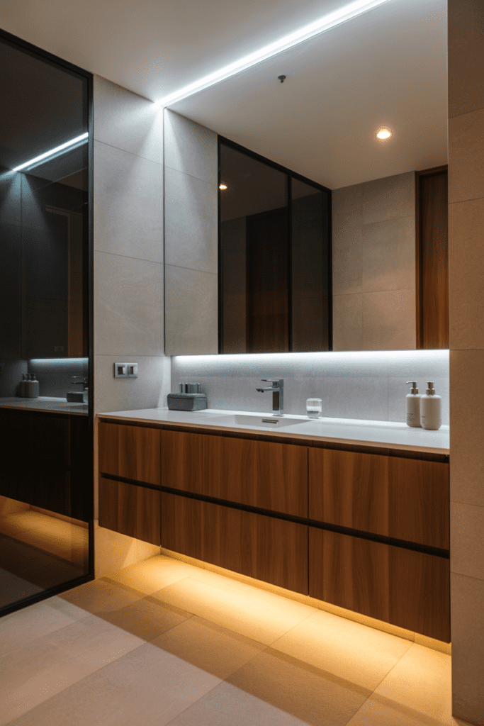 15 Bathroom Lighting Ideas That Make Every Bathroom Feel Better 0010 1 modern bathroom with floating wood vanit nmbri1sbwviqykxp2jfeeg ngc 9pwstswhqgvm7zpzta cover