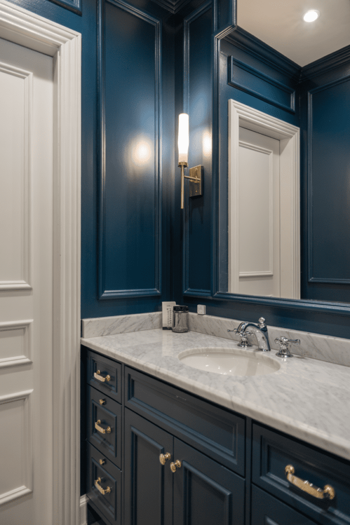17 Bathroom Paint Colors Ideas That Make Any Bathroom Look Better 0015 1 sophisticated bathroom with deep navy bl kchi0qunwumtpvwrvprftw qjynnf 0stgpgkhiub0zja cover