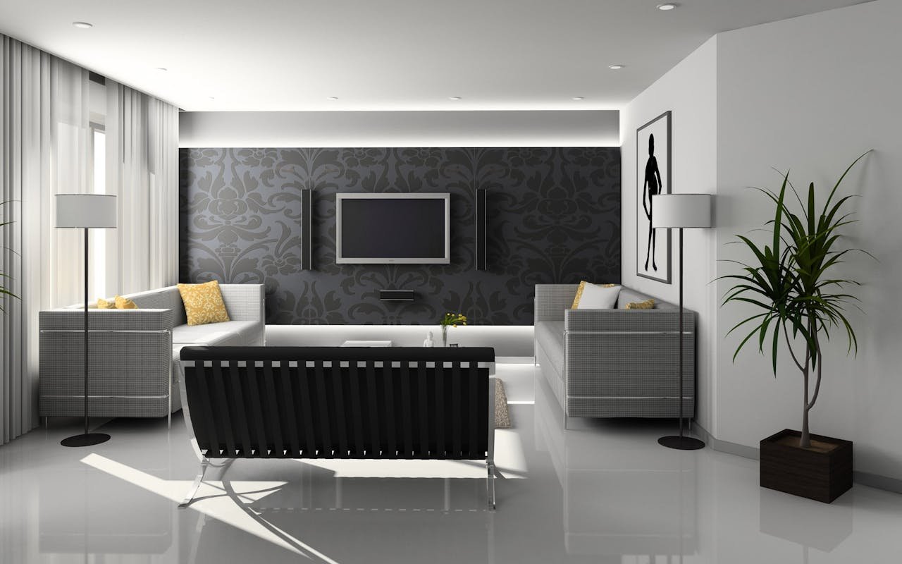 A sleek and modern living room with minimalist decor and monochrome theme.