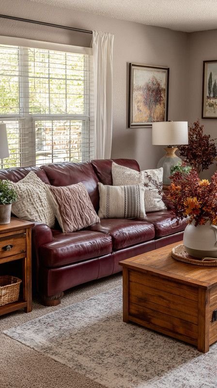 cozy fall family room with deep burgundy leather couch and oak side tables